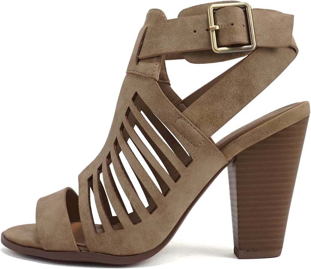 Mayo ~ Gladiator Cutout Stacked Chunky High-Heeled Dress Sandals with Adjustable Ankle Strap | Amazon (US)
