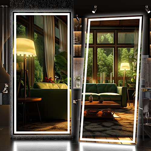 Hasipu Full Length Mirror with Lights, 71" x 32" LED Lighted Floor Standing, Full Body Dressing Hanging Mounted Mirror, Dimmable, Tempered Glass, Safe to Use, Square Black | Amazon (US)