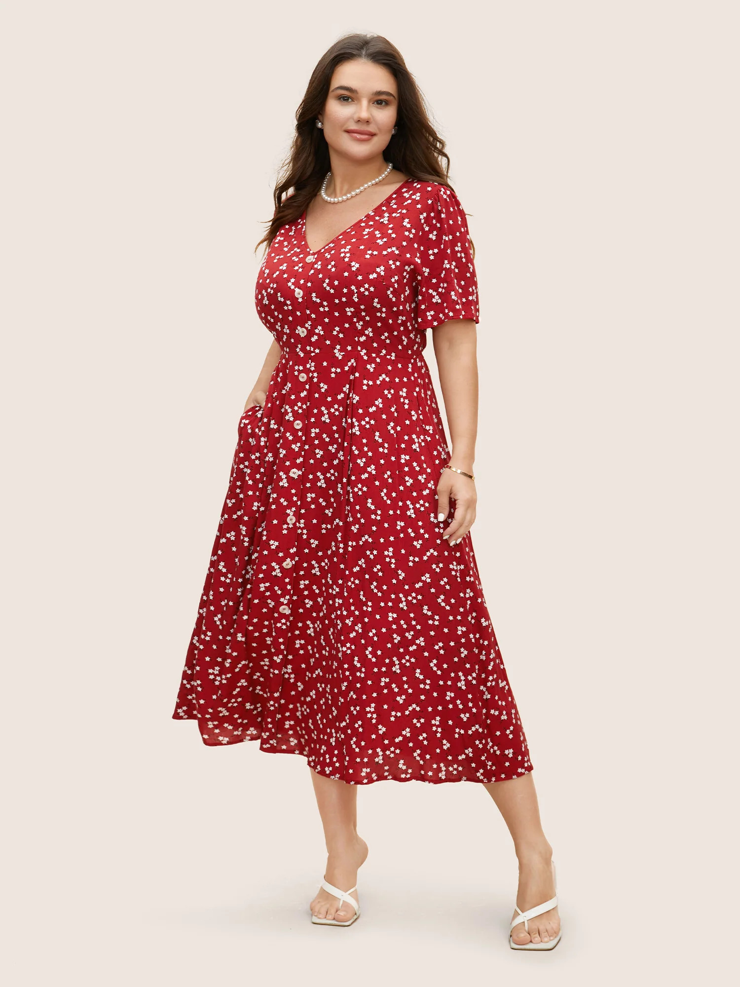 Ditsy Floral Button Detail Elastic Waist Midi Dress | Bloomchic