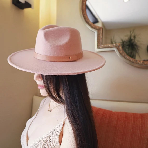 Pink Wide Brimmed Fedora Hats with Customized Hat Band, Stiff Brim Felt Rancher Hat, Spring Easte... | Etsy (US)