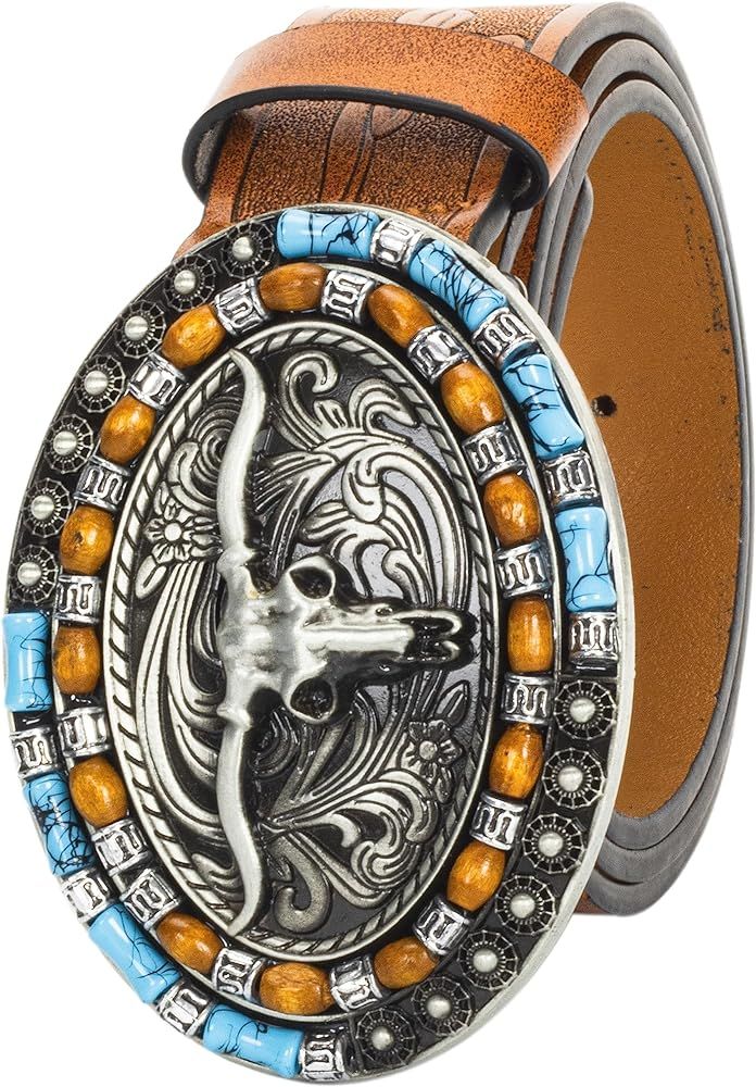 Men & Women-Western-Cowboy-Leather-Belts - Longhorn Bull Pattern Buckle Belt Floral Engraved Buck... | Amazon (US)