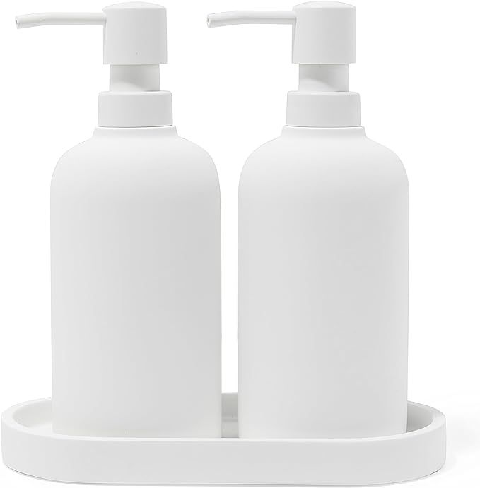 Matte White Soap Dispenser Set with Tray, 2 Pack 15oz Round Rustproof Liquid Hand Dish Soap Dispe... | Amazon (US)