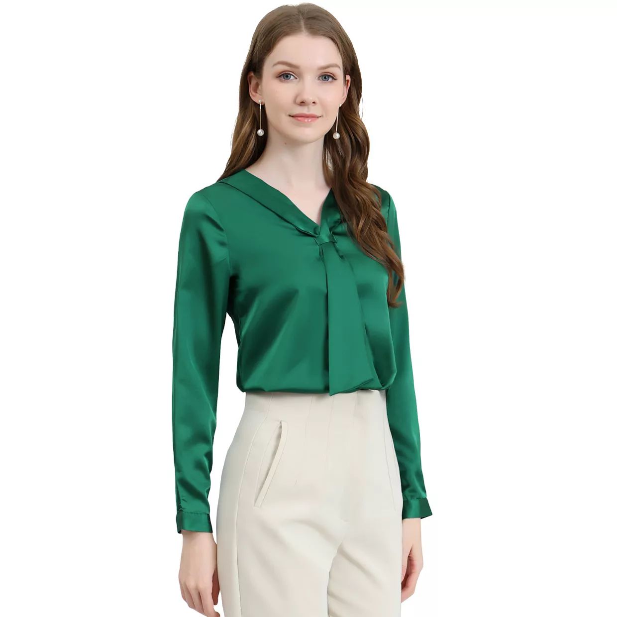 Women's Satin Tie Neck Long Sleeve Solid Color Elegant Office Work Shirt Top | Kohl's