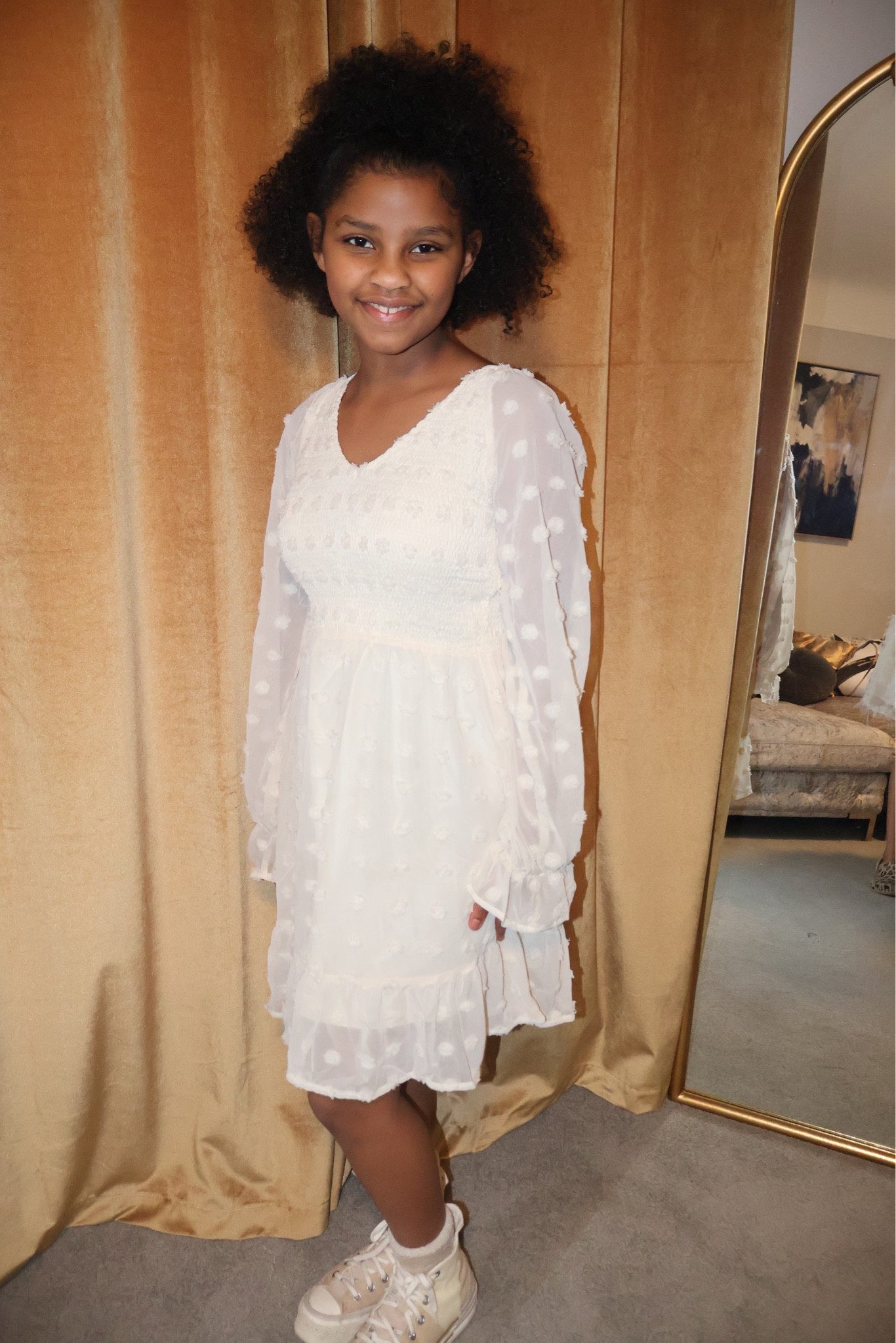 Paige’s Easter outfit! I let her add her own flair. She has such a cute fashion sense. This was a women’s small (we had to pin it a little to pull the v neck up!) 

It definitely matched our Spring Dress vibe perfectly. 

Casual Swiss dot ruffle mini babydoll spring summer dress | spring dress | cream dress | wedding guest dress | tween fashion | tween outfits | 

#LTKfindsunder50 #LTKkids #LTKfamily