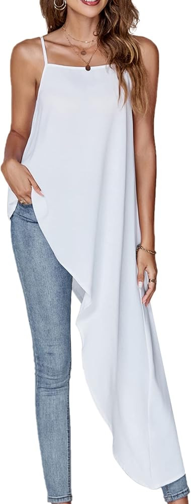 Umenlele Women's Square Neck Spaghetti Strap Sleeveless High Low Loose Fit Cami Top White Small a... | Amazon (US)