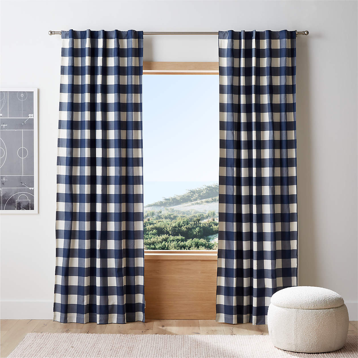 Navy Buffalo Check Cotton Blackout Window Curtain Panel 44"x96" + Reviews | Crate & Kids | Crate & Barrel