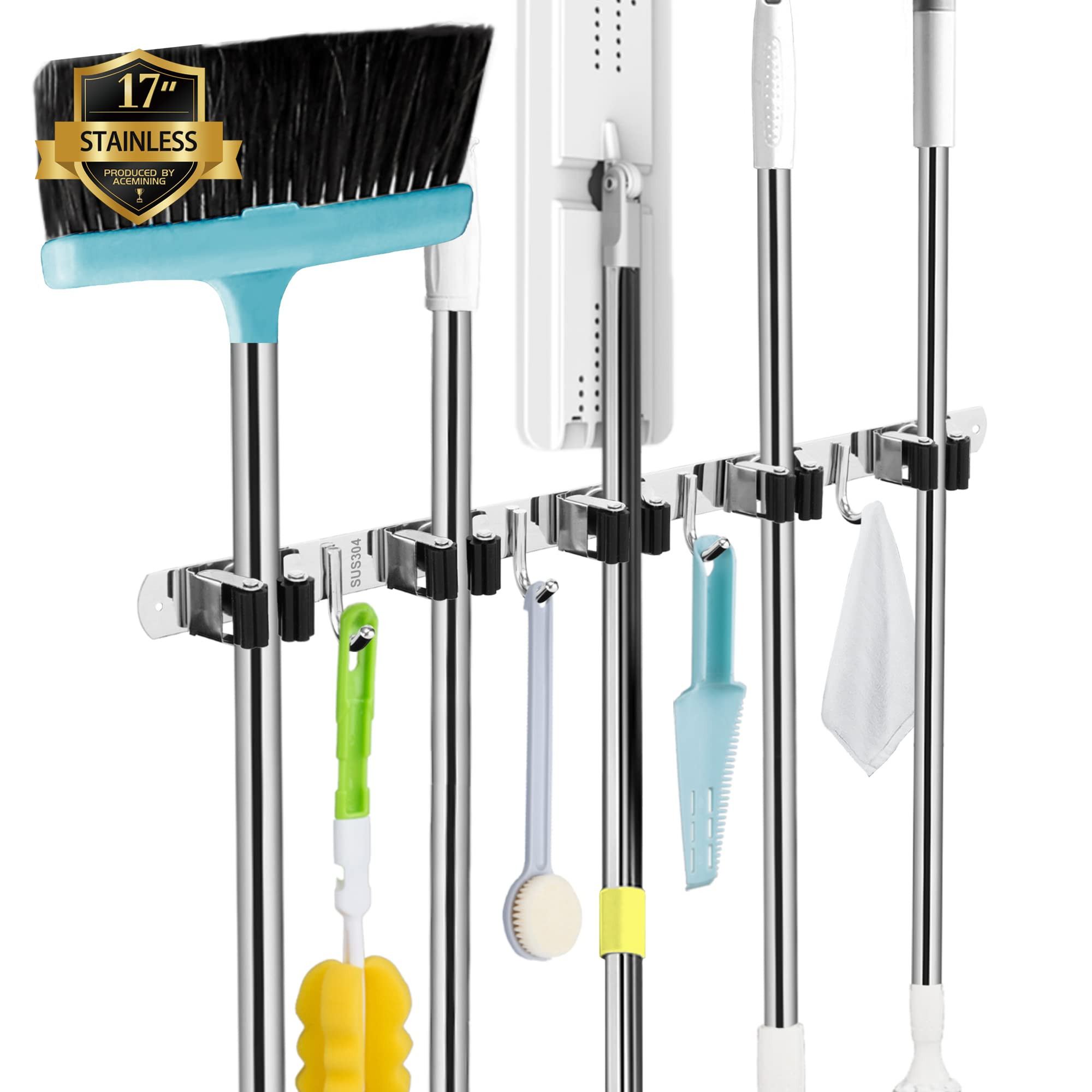 AceMining 5 Racks and 4 Hooks Mop and Broom Holder Wall Mount, Broom Organizer Storage Tool Racks... | Amazon (US)
