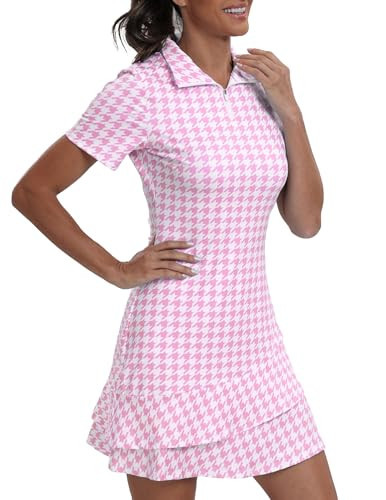 GGOV Womens Two Piece Tennis Golf Dress UPF 50+ Active Athletic Exercise Sports Wear with Pocket and Shorts (Pink Houndstooth, XL) | Amazon (US)