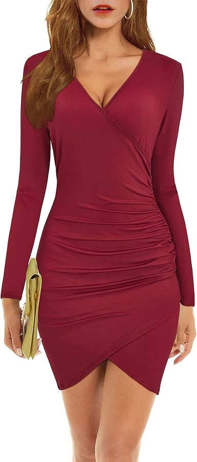 OUGES Women Deep V Neck Long Sleeve Bodycon Wrap Party Dress Sexy Mini Dresses | Amazon (US)