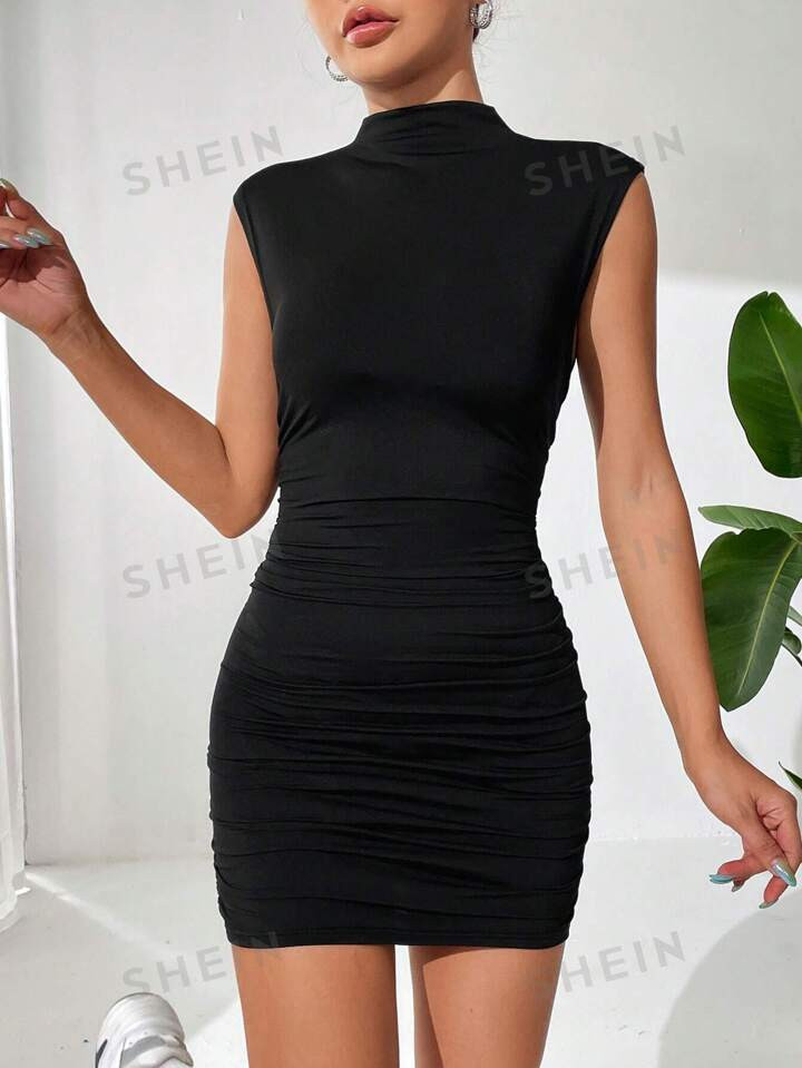 SHEIN EZwear Mock Neck Ruched Bodycon Date Night Black Dress | SHEIN