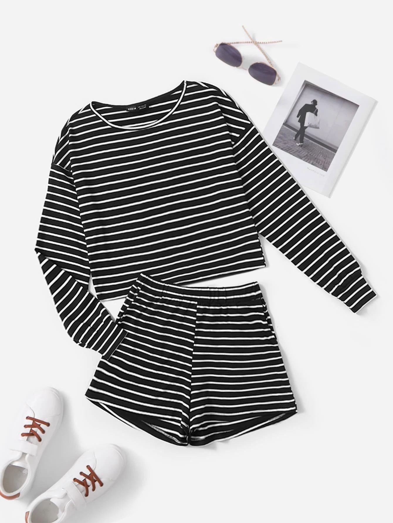Stripe Print Long Sleeve Tee & Shorts | SHEIN