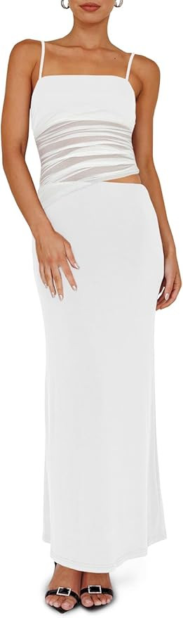 Fisoew Womens 2 Piece Skirt Dress Set Summer Sheer Mesh Ruched Camisole Tops Maxi Skirts Sexy Bod... | Amazon (US)