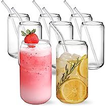 [ 8pcs Set ] Drinking Glasses with Glass Straw - 16oz Can Shaped Glass Cups, Beer Glasses, Iced Coff | Amazon (US)