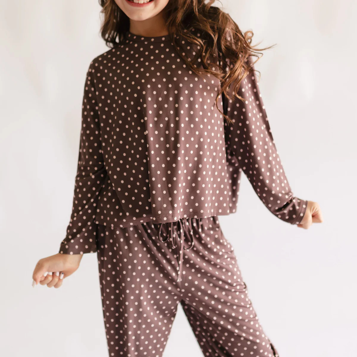 Girl's Long Sleeve and Pants Set in Brown & Pink Polka Dot | Silks Design