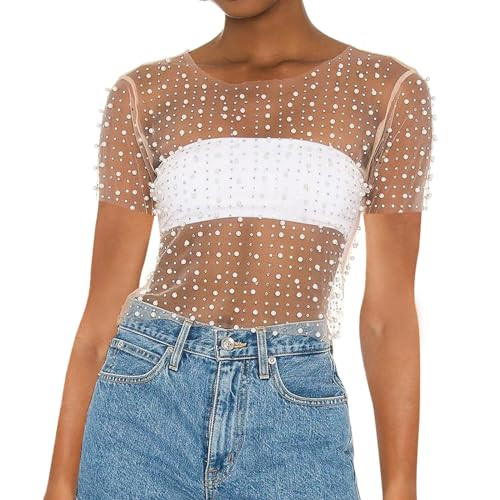 Naileksi Women Pearl Rhinestone Sheer Mesh Crop Tee Top Sexy See Through Short Sleeve Slim Fit Crop T-Shirt Club Summer(M,Nude) | Amazon (US)