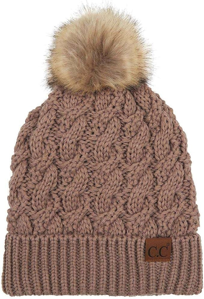 C.C Thick Cable Knit Faux Fuzzy Fur Pom Fleece Lined Skull Cap Cuff Beanie | Amazon (US)