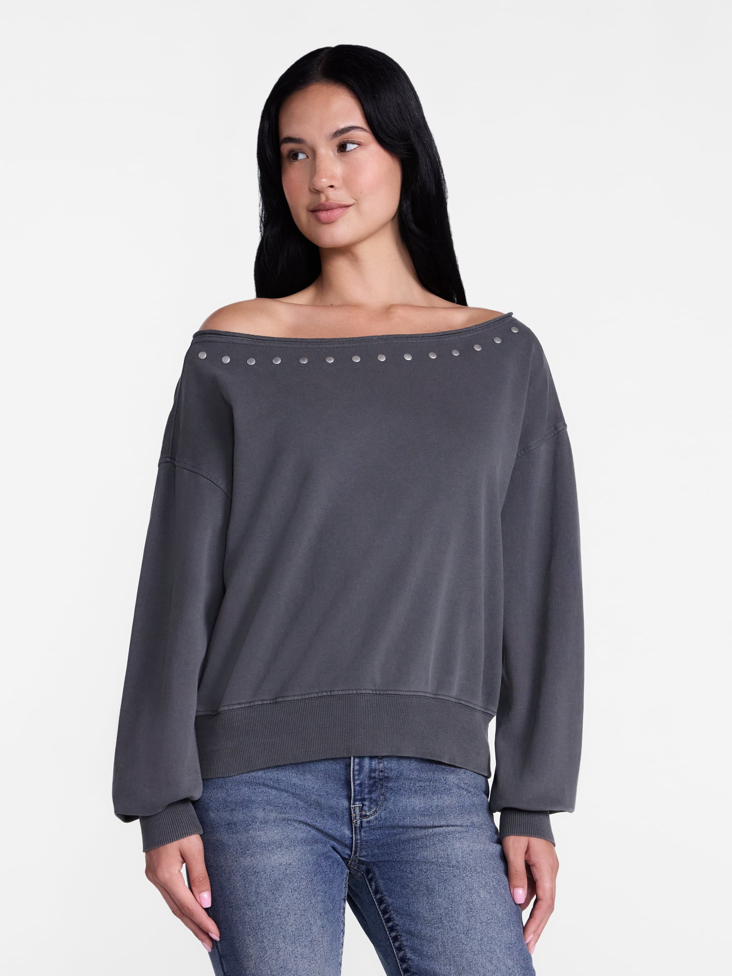 Madden NYC Women's Studded Off The Shoulder French Terry Sweatshirt, Sizes XXS-XXL | Walmart (US)