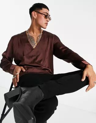 ASOS DESIGN regular fit wrap shirt in brown satin | ASOS | ASOS (Global)