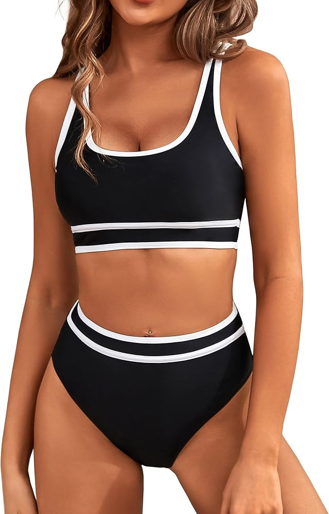 BMJL Women's High Waisted Bikini Sets Sporty Two Piece Swimsuits Color Block Cheeky High Cut Bath... | Amazon (US)