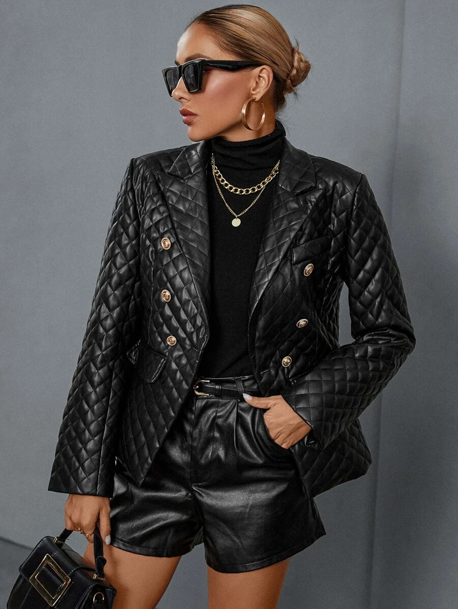 HomeWomen ClothingWomen SuitsWomen BlazersLapel Neck Double Breasted Argyle Quilted Blazer | SHEIN