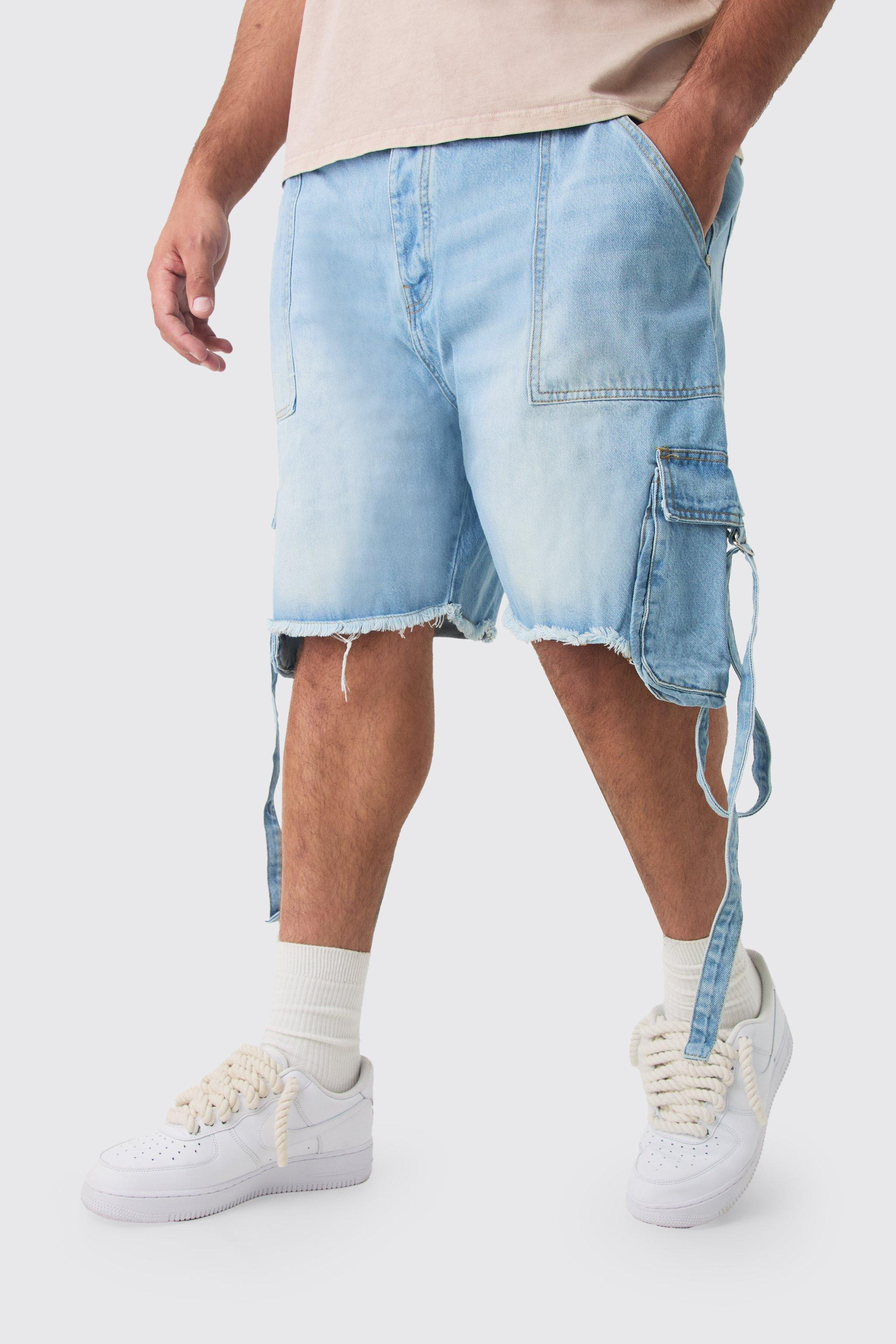 Plus Relaxed Rigid Cargo Pocket Denim Short In Light Blue | boohooMAN (US & Canada)