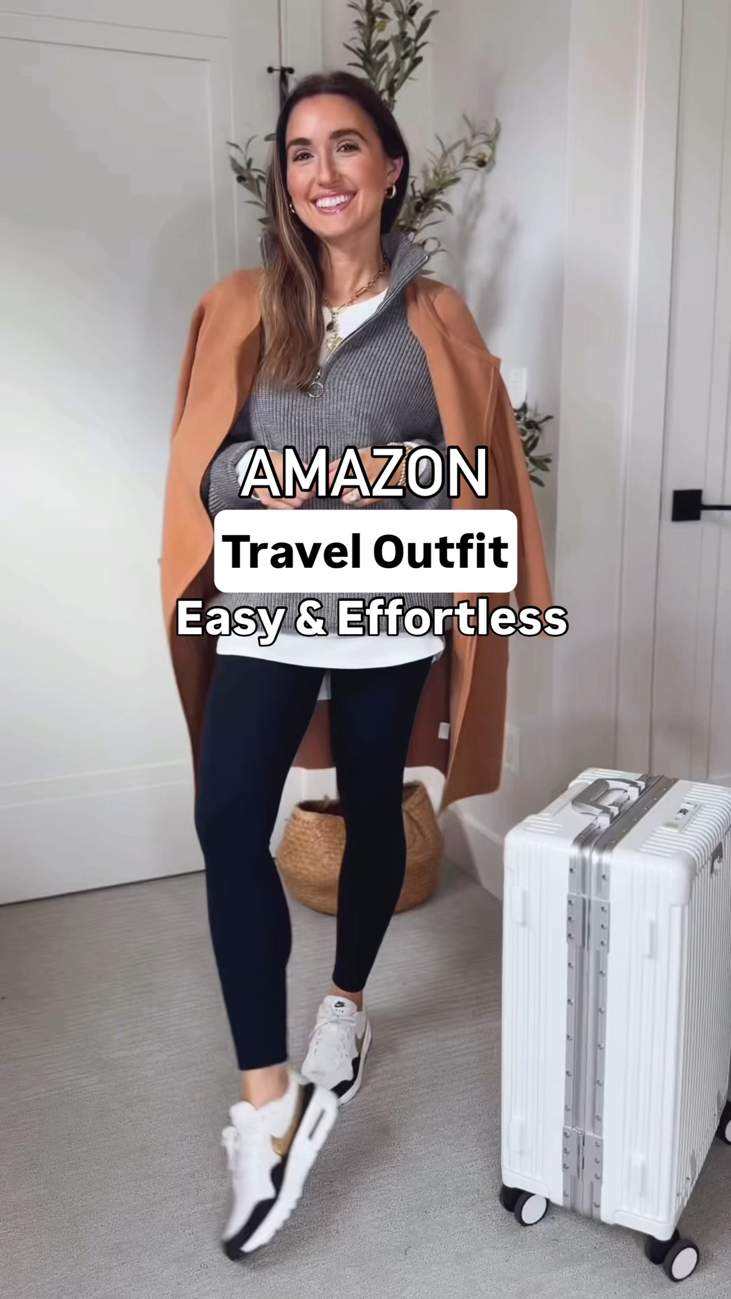 Easy and Effortless Travel Outfit I swear by 🙌🏼✈️ Wearing XS in grey sweater, XS petite in leggings, XS in coatigan, color light brown #traveloutfit #amazonfashion #airportstyle #winteroutfit 

 #LTKHoliday #LTKgrwm #LTKootd