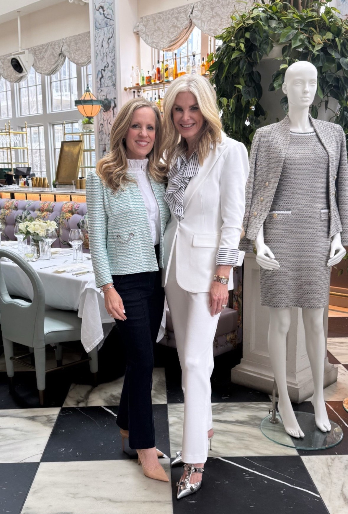 Celebrating Tanya Foster x Ming Wang collection
Beautiful lady, like jackets and chic suiting perfect for ladies who lunch and travel 
I’m wearing the knit lady jacket with silver chain, detail and white sleeveless top with ruffle trim at the neck line paired with Veronica Beard trouser cut denim. The jacket has a matching skirt.
Tonia has on a chic white suit with black and white striped blouse with ruffle front detail
I’ve linked my other favorites as well. Things run slightly large so size down available. XXS -XL

#LTKStyleTip #LTKSeasonal #LTKOver40