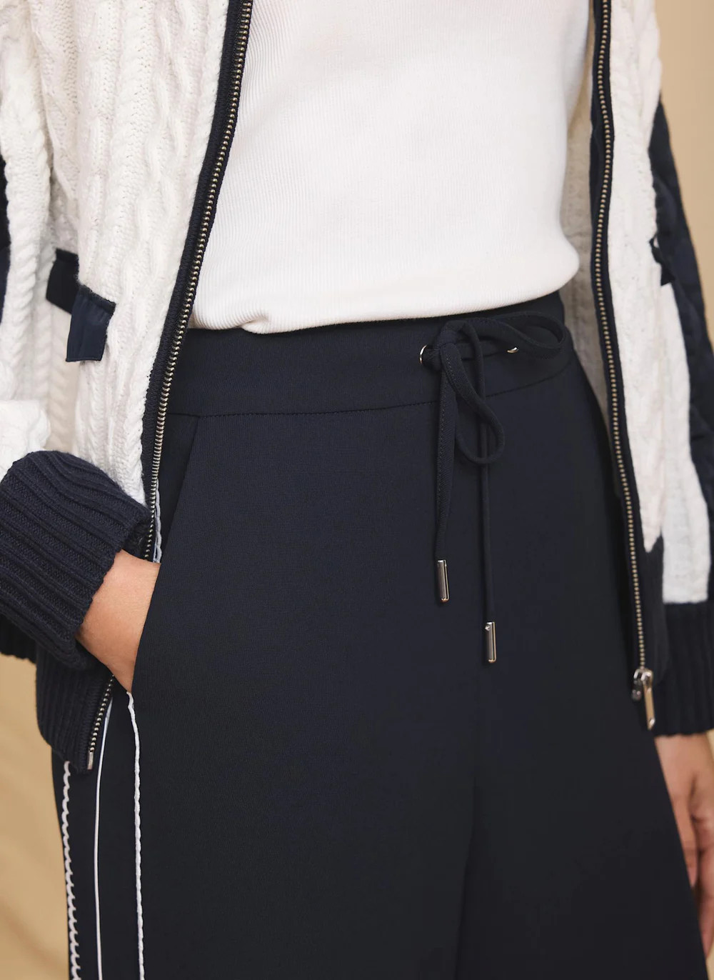 Navy Scallop Side Stripe Wide Trousers | Mint Velvet