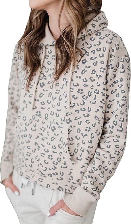 Women Long Sleeve Leopard Hooded Sweatshirt Drawstring Pullover with Pockets | Amazon (US)