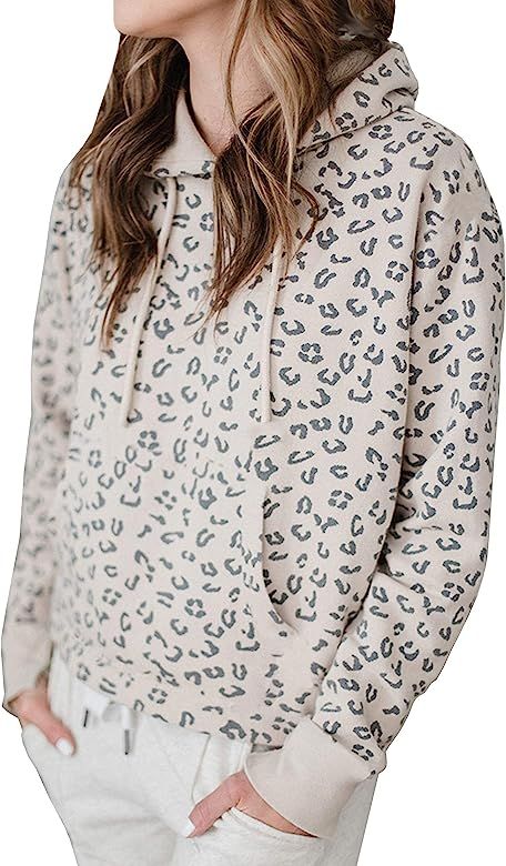 Women Long Sleeve Leopard Hooded Sweatshirt Drawstring Pullover with Pockets | Amazon (US)