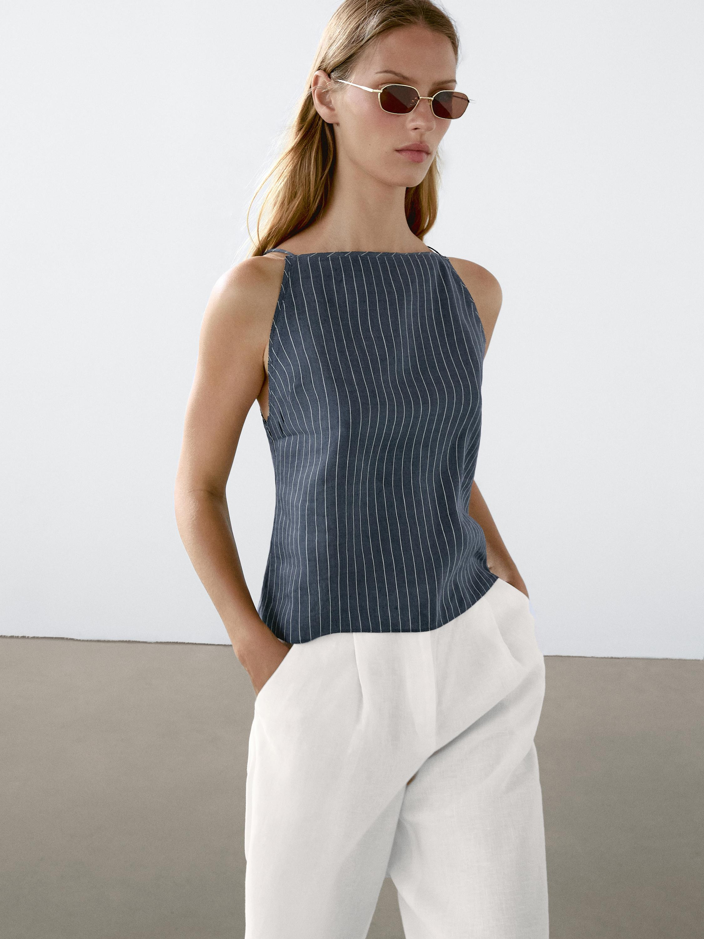 Striped linen blend halter top | Massimo Dutti UK