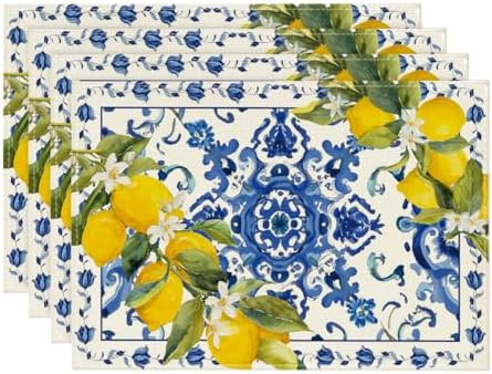 Artoid Mode Lemon Blue and White Porcelain Summer Placemats Set of 4, 12x18 Inch Vanilla Holiday ... | Amazon (US)