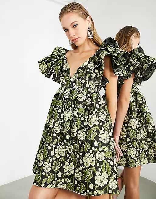 ASOS EDITION floral jacquard plunge mini dress with ruffle sleeve | ASOS (Global)