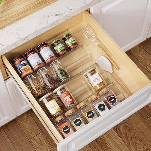 Brippo 4-Pack Adjustable Spice Rack Organizer for Drawer, Expandable Seasoning Storage (13" to 26") with Anti-Slip Mat, Acrylic Tiered Spice Tray for Condiment, Nail Polish and Jar Organization | Amazon (US)