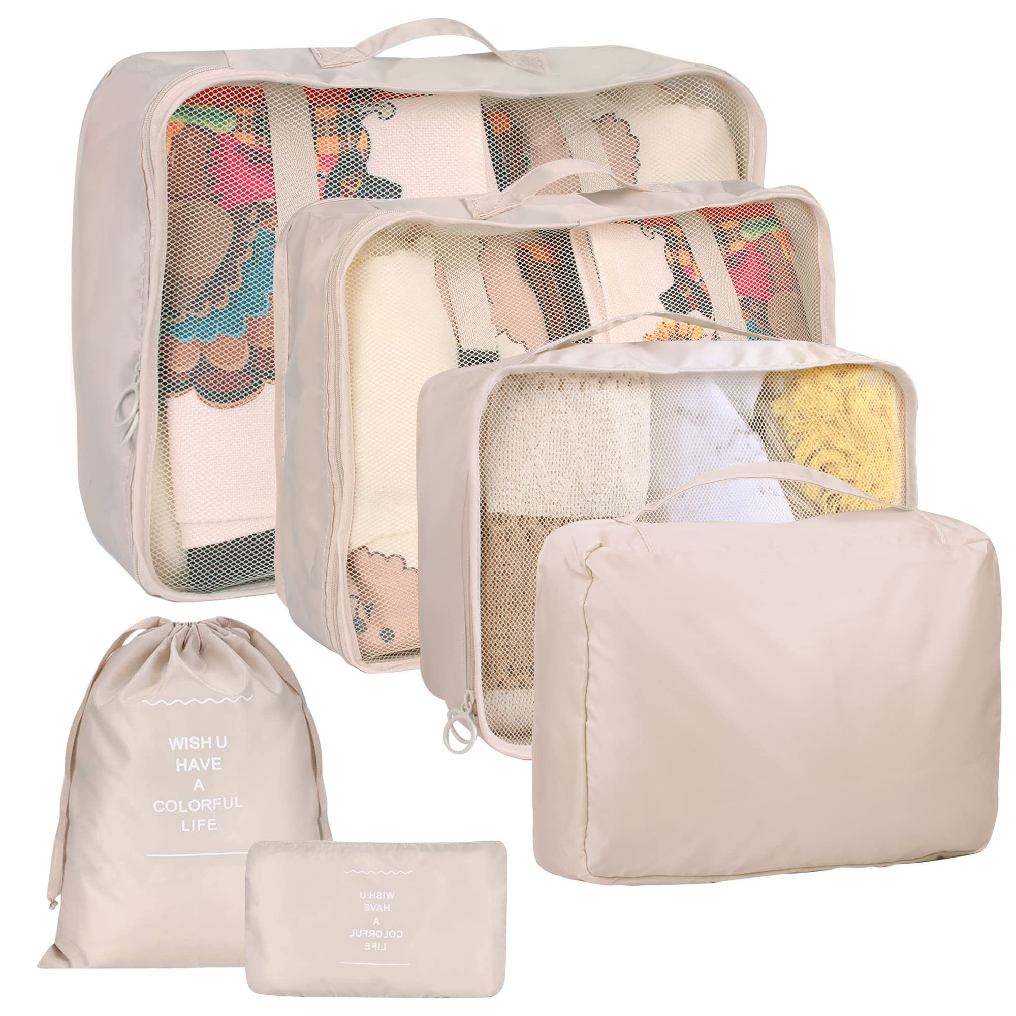 6 Set Packing Cubes for Suitcases, kingdalux Beige Travel Luggage Packing Organizers with Laundry Ba | Amazon (US)