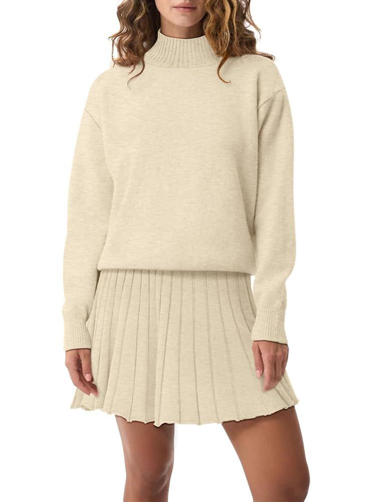 Women's Two Piece Outfits Turtleneck Long Sleeve Ribbed Knit Tops Pleated Mini Skirt 2025 Casual ... | Amazon (US)