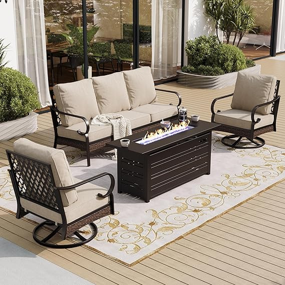 SUNSHINE VALLEY 4 Piece Black Metal Outdoor Patio Furniture Sets with Firepit Table, Patio Conver... | Amazon (US)