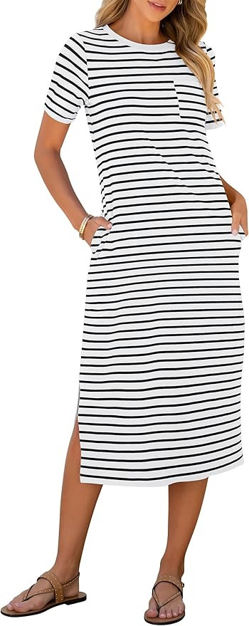 ANRABESS Womens Summer Casual Midi Dress Short Sleeve Crewneck T Shirt Long Dresses Split Stripe ... | Amazon (US)