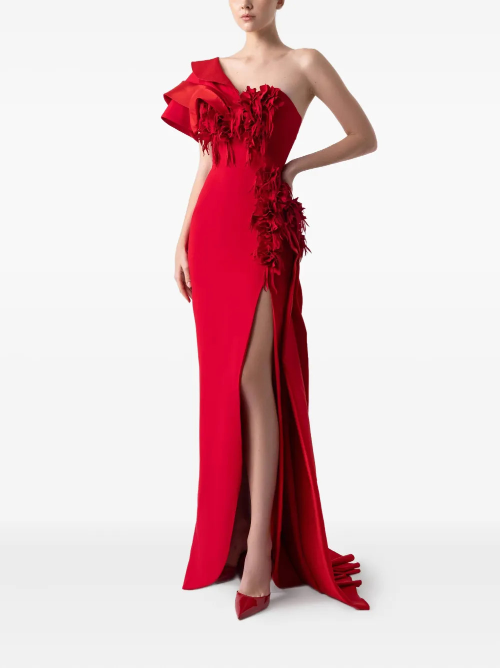 Gaby Charbachy  ruffle-detail side-split Evening Gown | Red | FARFETCH UK | Farfetch Global