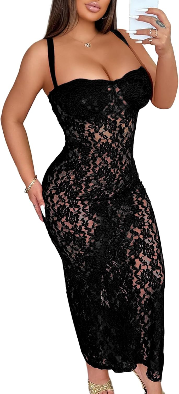 Elegant Lace Midi Dress for Women - Bodycon Cocktail Party Evening Gown | Amazon (US)