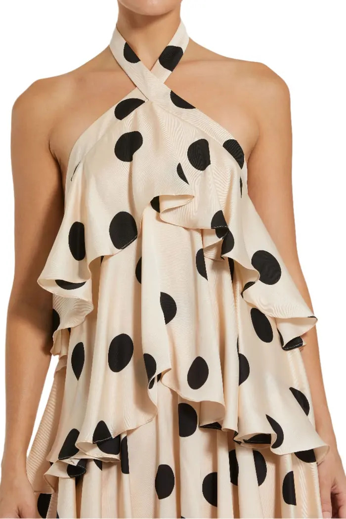 Polka Dot Charmeuse Halter Tiered Ruffle Gown | Nordstrom