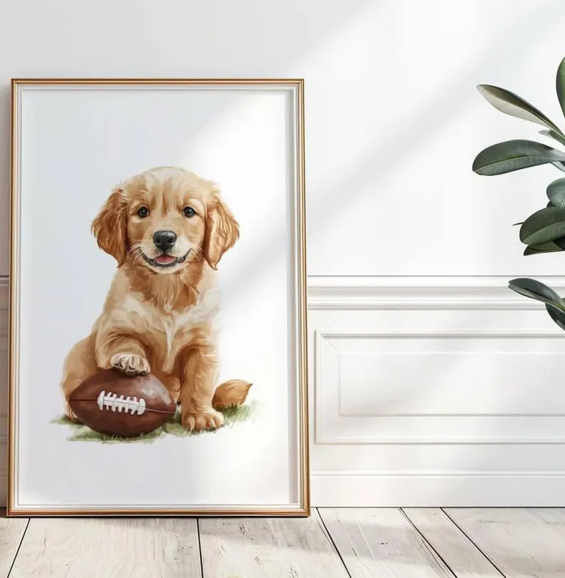 Golden Retriever Football Nursery Print, Puppy Playing Football, Sports Nursery Print, Football N... | Etsy (US)