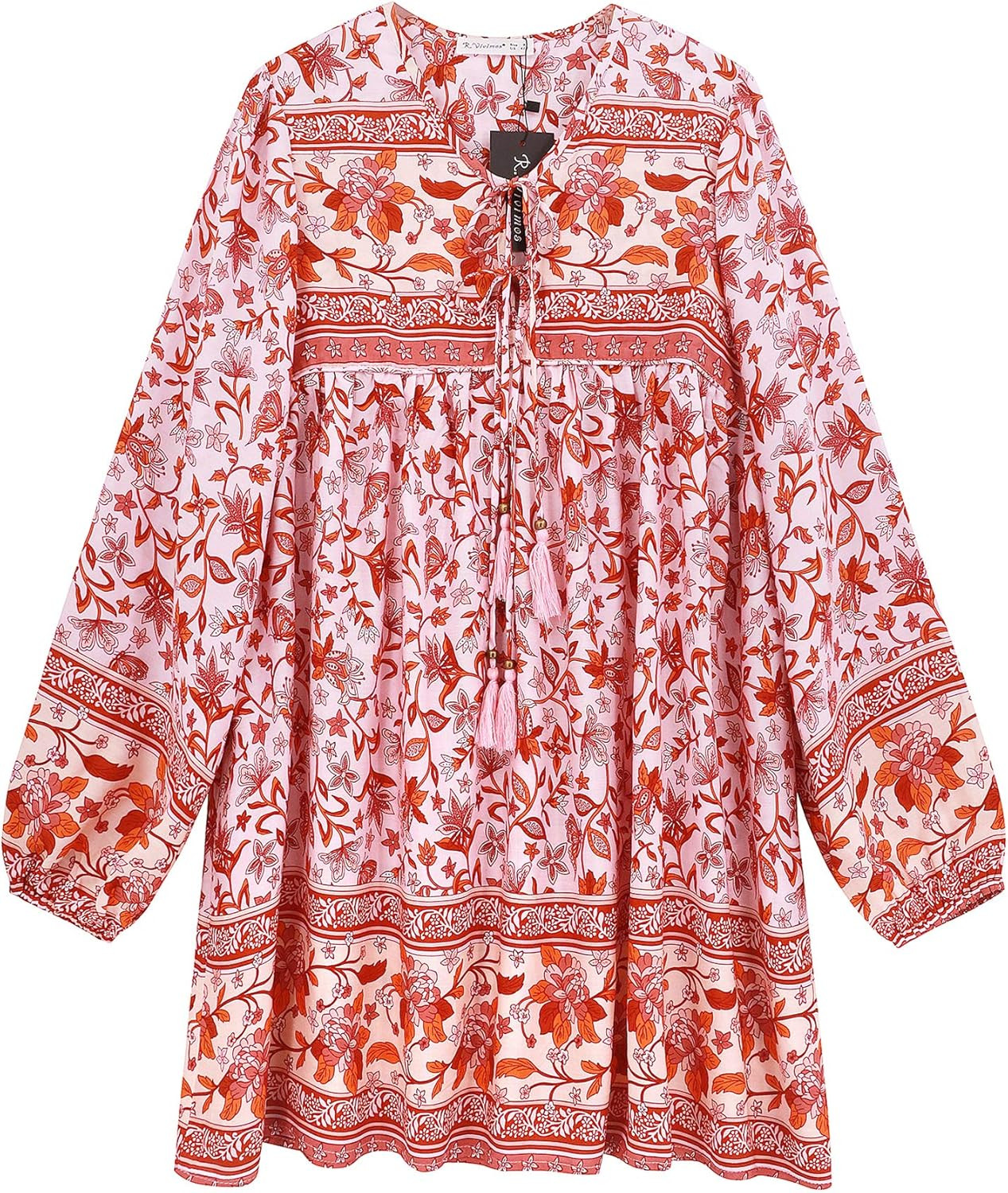 R.Vivimos Womens Long Sleeve Floral Casual Print Cotton Mini Tunic Dress | Amazon (US)