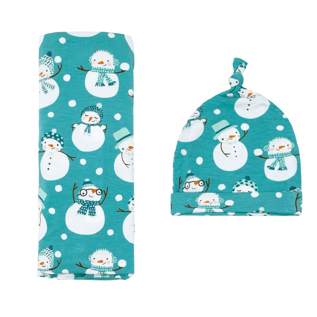 Blue Snow Much Fun Swaddle + Hat Set | Little Sleepies