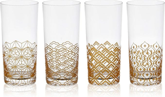 Mikasa Art Deco 16-Ounce Highball Glasses, 4 Count (Pack of 1), Gold | Amazon (US)