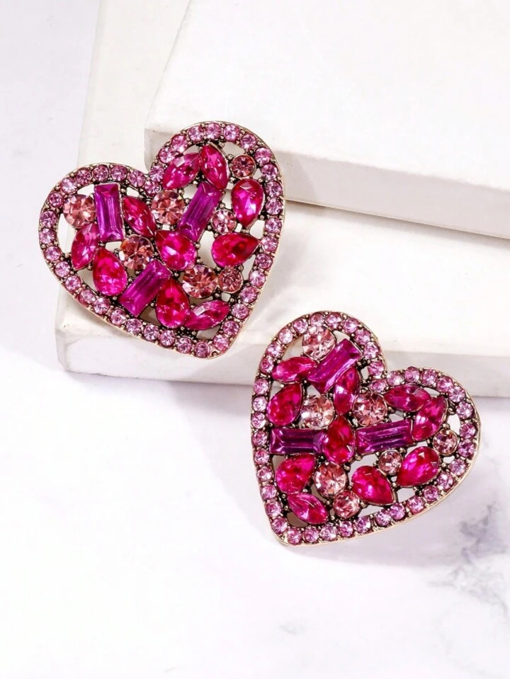1 Pair Oversized Fuchsia Rhinestone Inlaid Heart Shaped Earrings, 12.3g, Unique Fashion Earrings ... | SHEIN