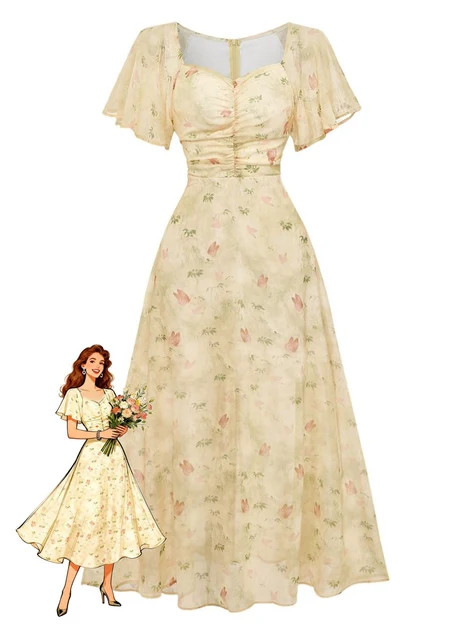 Yellow 1930s Butterfly Flutter Sleeve Chiffon Dress | Retro Stage