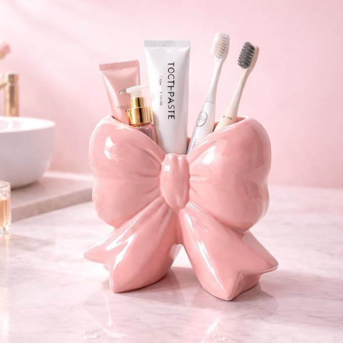 Pink Bow Toothbrush Holder, Ceramic Organizer Cup for Makeup Brushes & Pencils, Cute Small Bow Va... | Amazon (US)
