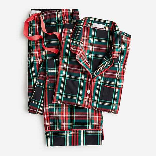 Long-sleeve cotton poplin pajama set in black Stewart tartan | J. Crew US