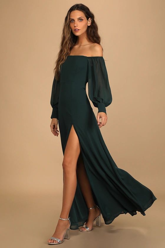 Feel the Romance Emerald Green Off-the-Shoulder Maxi Dress | Lulus